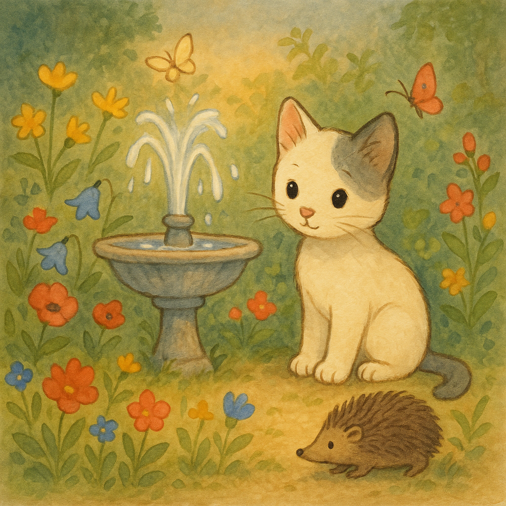 A small white kitten with one grey ear in a vibrant garden.
