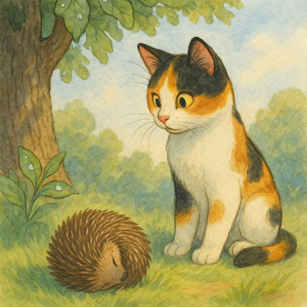 Calico cat Tofu watches a hedgehog in a garden.