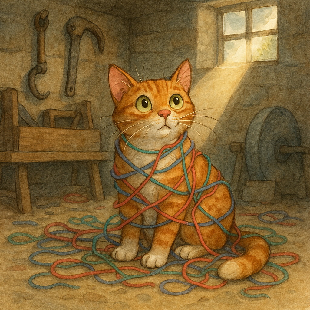 Ginger tabby cat with white chest and socks in a workshop.