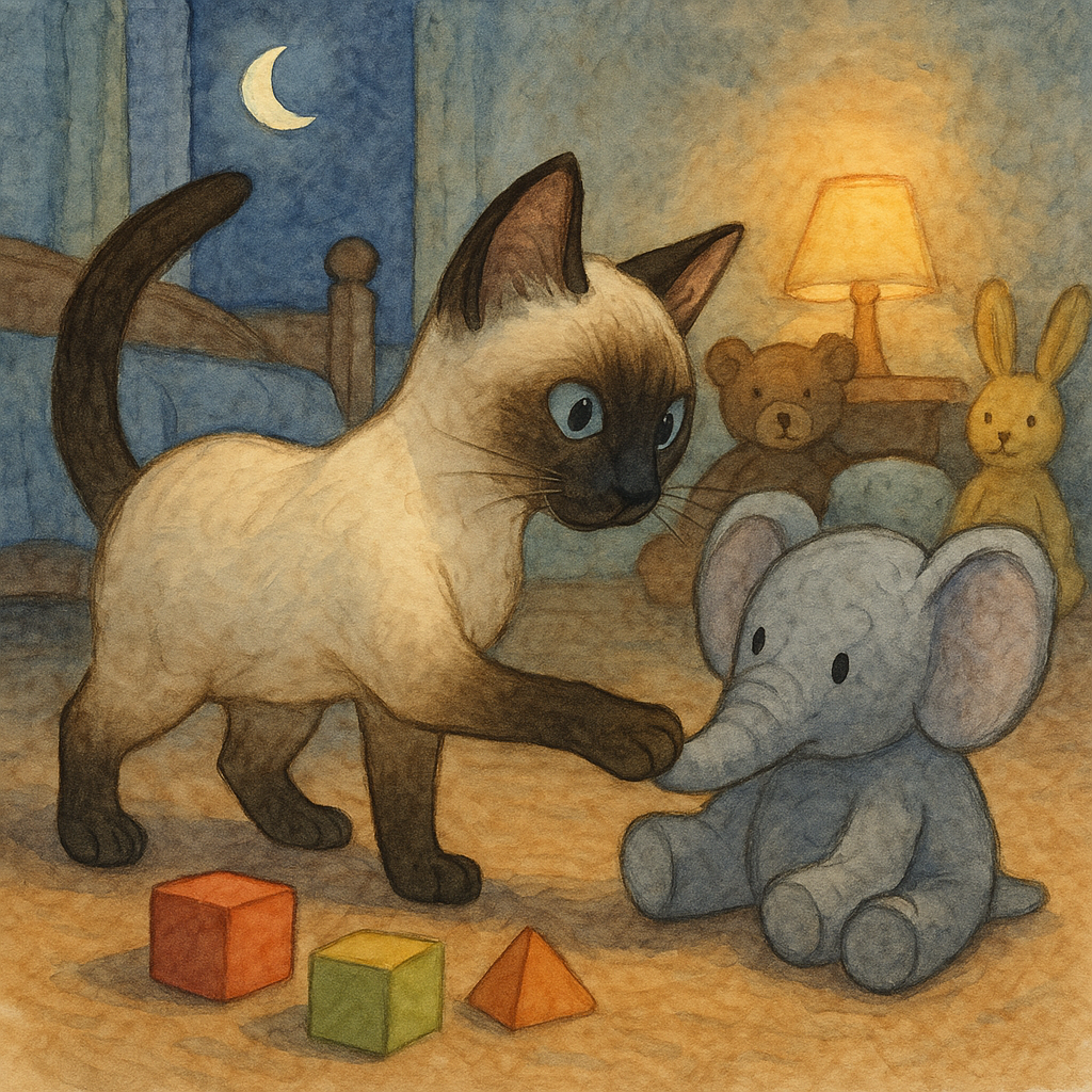Siamese cat playing with a plush mouse among toys.