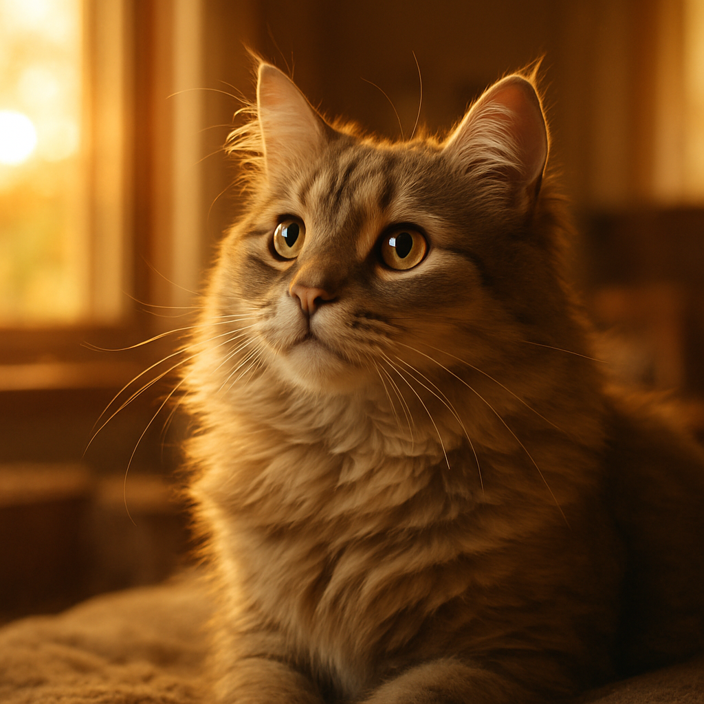 A fluffy tabby cat enjoying breakfast in the kitchen