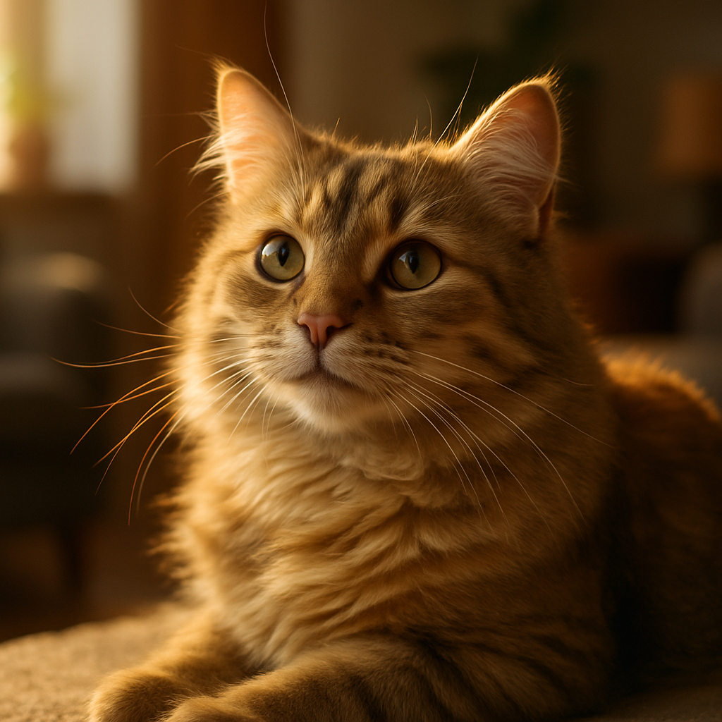 A fluffy tabby cat napping in a sunbeam