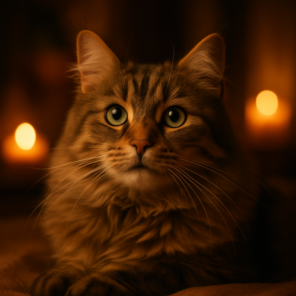 A gray tabby cat gazing out at a starlit night sky.